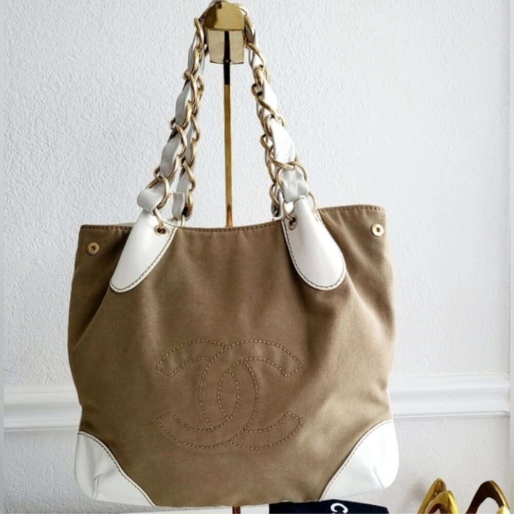 Chanel ( w/ COA) Tan & White Denim Leather Tote - Picture 3 of 13